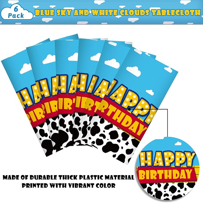 6 Pack Cartoon Story Birthday Party Supplies Cow Pattern Printed Table Cover Blue Sky and White Cloud Tablecloths Cow Birthday Party Decoration for Boy Girl Kid Birthday Party Decor 54 x 108 inch