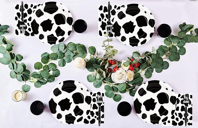 60pcs Cow Print Party Supplies - Cow Themed Tableware Set with 7" Paper Plates, Napkins & Forks for Kids Birthday Party (Serves 20)