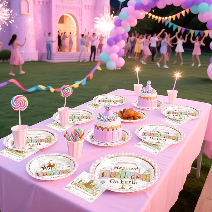 Grencian 96 Pcs Princess Castle Birthday Party Decorations Happy Birthday on Earth Paper Plates Pastel Rainbow Stripes Plates and Napkins Gold Glitter Tableware Set for Girl Baby Shower Supplies
