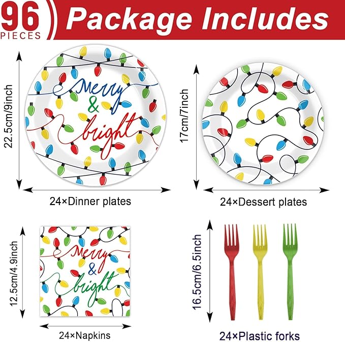 96PCS Merry Christmas Party Tableware Set Christmas Lights Party Supplies Merry and Bright Disposable Dinnerware Plates Napkins Forks with Holiday String Lights for Christmas Birthday Party Favors