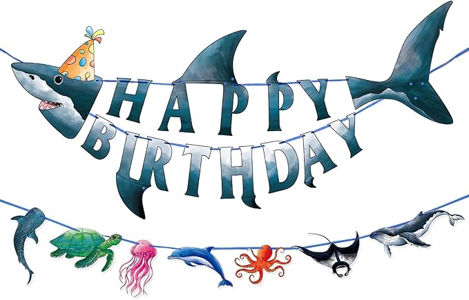 WERNNSAI Shark Happy Birthday Banner Set - Ocean Theme Party Supplies for Kids Boys Pre-strung Shark Birhday Banner and Ocean Animal Banner Beach Under The Sea Theme Party Decorations Hanging Wall Decor