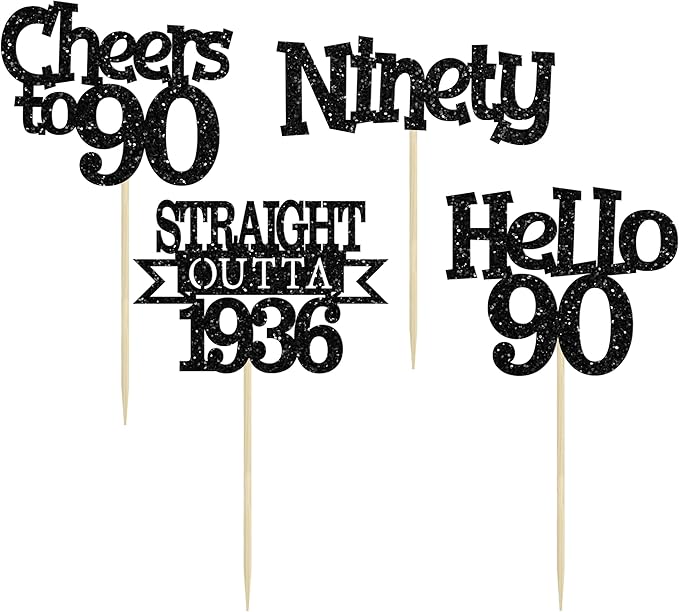 Ephlyn 24Pcs Happy 90th Birthday Cupcake Toppers Glitter Straight Outta 1936 Cupcake Picks Hello 90 Cheers to 90 Years Birthday Cake Decorations for 90th Birthday Anniversary Party Supplies Black