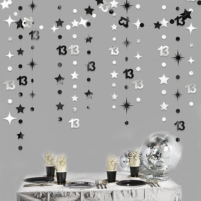 Silver Black 13th Birthday Decorations Number 13 Circle Dot Twinkle Star Garland Hanging Streamer Bunting Banner Backdrop Girls Boys 13 Years Old Birthday Thirteen Official Teenager Party Supplies