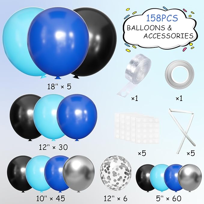 Blue Silver Black Balloons Garland Arch Kit, 146 Pcs Royal Light Blue Metallic Confetti Silver Balloons for Baby Shower Graduation Anniversary Retirement Birthday Party Decoration