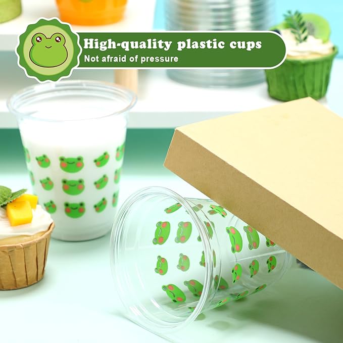 50 Pcs Frog Birthday Decorations Frog Snack Cups 12 oz Plastic Cups Cute Green Tumbler for Baby Shower Birthday Party Supplies