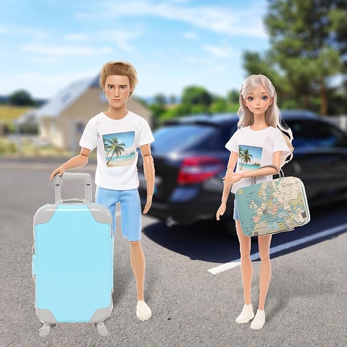 Miunana 28PCS Travel Clothes and Accessories Blue Trunk Suitcase 2 Girl Doll Clothes 1 Boy Suits 8 Life Accessories 12 Wash Telescope Sunglasses （Not Include Doll）
