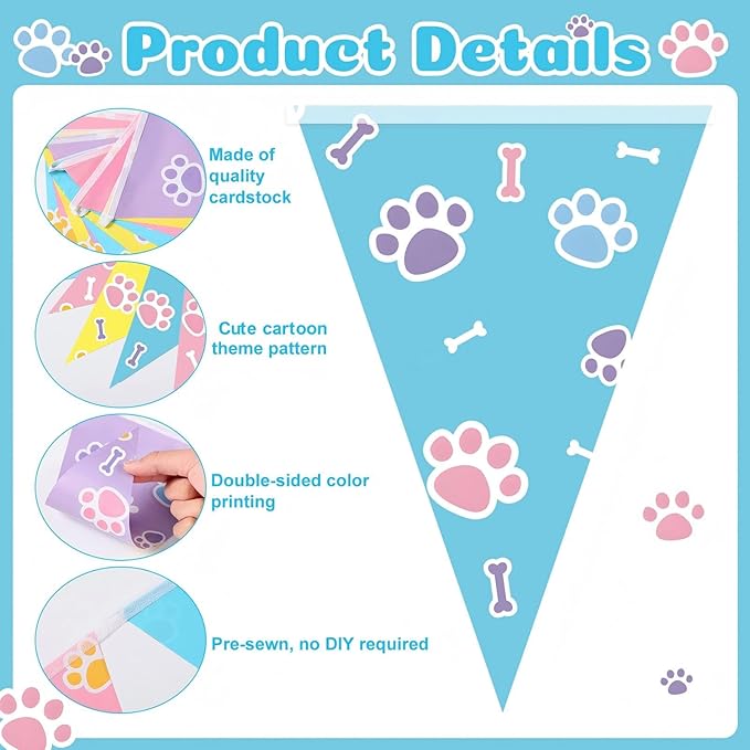 Tiamon 5 Pcs Blue Dog Paw Themed Birthday Banner Decoration Daisy Puppy Print Pennant Bunting 49.2 Ft Puppy Paw Print Triangle Flag for Kids Boy and Girl Birthday Dog Baby Showers Party Decoration
