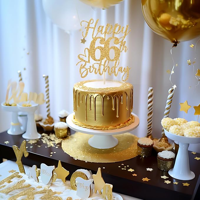 Happy 66th Birthday Cake Topper, 66th Birthday Decorations for Men/Women, Cheers to 66 Years, Hello 66, 66th Happy Birthday Party Supplies Gold Glitter