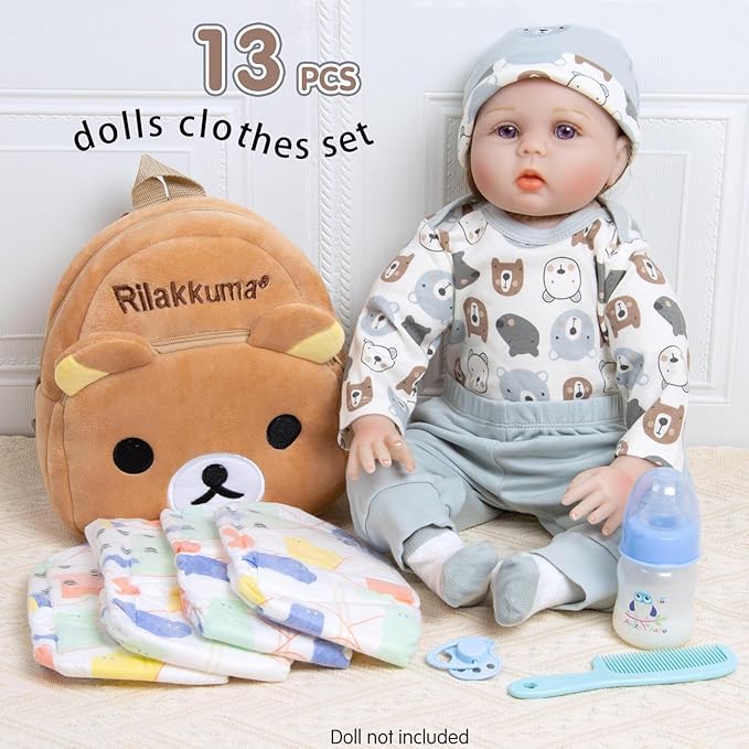 12 Pcs Reborn Baby Doll Clothes Set for 17-22 Inch Babydolls, Eazy Bear Reborn Baby Doll Clothes and Accessories with Plush-Finish Backpack, Beer hat, and Clothes for Realistic Babydolls