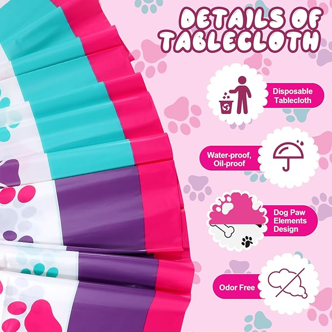 Newwiee 3 Pcs Puppy Paw Print Tablecloth Plastic Disposable Colorful Table Cover Dog Table Cloth Paw Print Party Supplies for Dog Pet Themed Party Decorations Supplies Favors, 51 x 108''