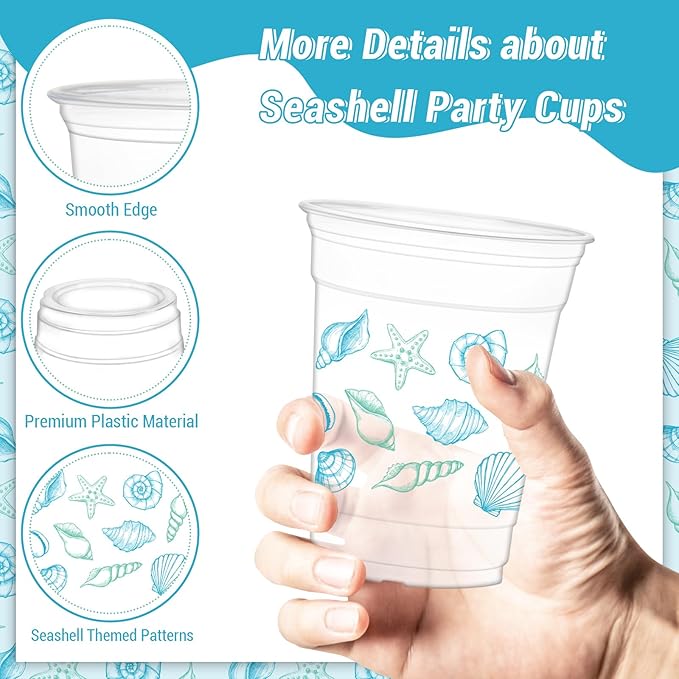 50Pcs Seashell Party Cups, 12oz Ocean Theme Plastic Cups for Wedding Decorations Ocean Under the Sea Summer Birthday Beach Party Supplies