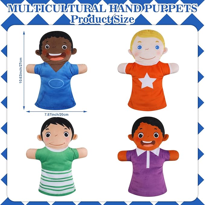 Poen 8 Pcs Hand Puppets Set for Kids Multicultural Hand Puppets Bulk Soft Plush for Toddlers Learning Interaction Suitable for Home Daycare School Classroom Role Play Fantoccini Theater Shows(Smile)