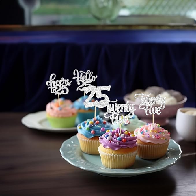 30Pcs 25th Birthday Cupcake Toppers Twenty Five Legal 25th Cupcake Picks Cheers to 25 Years Old Cake Decorations for 25th Anniversary Party Supplies Silver Glitter