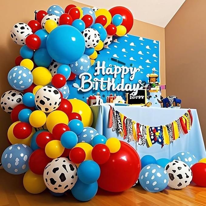 Red Blue Yellow Balloons 12inch Cow Print Sky Blue White Cloud Balloon for Kids Farm Theme Cowboy Birthday Party Decorations Western Blue Red Yellow Beige Latex Helium Balloon for Arch