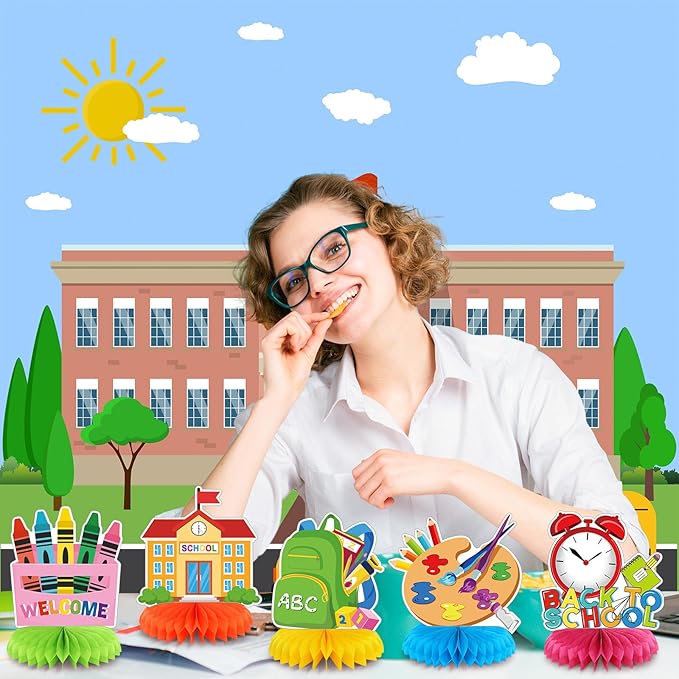 12 Pcs Welcome Back to School Decorations Honeycomb Centerpieces First Day of School Table Decoration Book Pencils Backpack Bus Table Topper for Party Favors Supplies