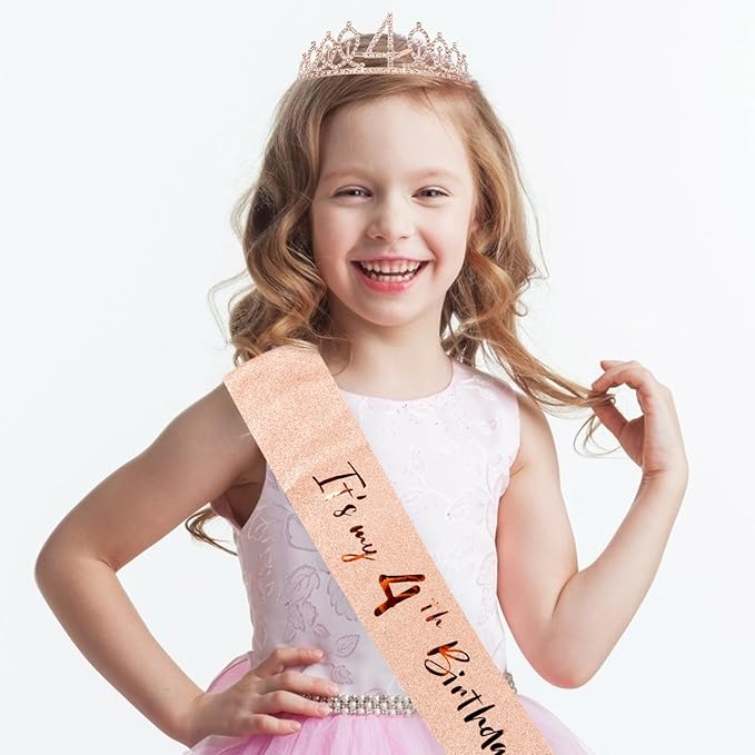 CIEHER 4th Birthday Crown + 4th Birthday Sash + Pearl Pin Set, It's My 4th Birthday Sash, 4 Birthday Tiara, 4th Birthday Decorations for Girls, 4th Birthday Gifts