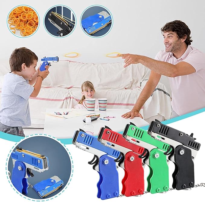 Kids Toys Cool Keychain Rubber Band Launcher Toy 4pcs Mini Metal Folding Rubber Launcher Toy with 240 Elastic Rubber Bands for Game Outdoor Activities (4 Colors)