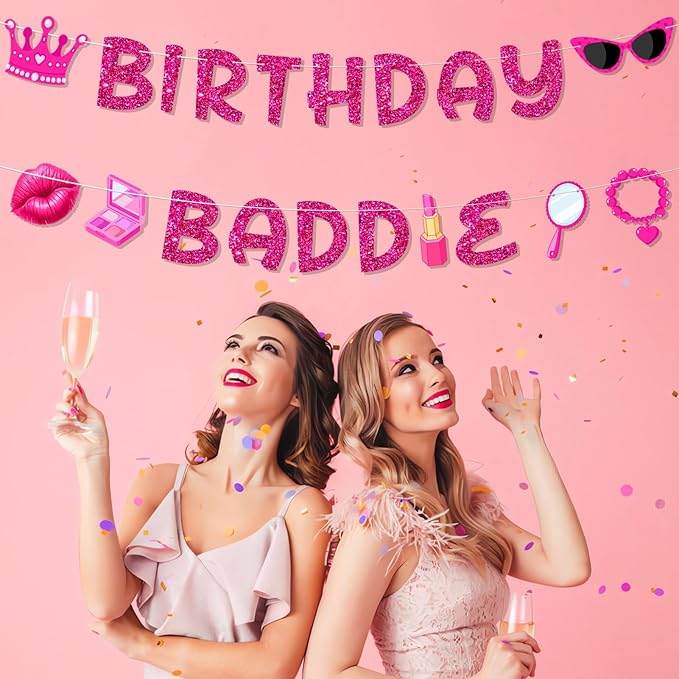 Pre-Strung Hot Pink Birthday Baddie Decorations, NO DIY Glitter Birthday Baddie Banner, Funny Brithday Party Supplies for Women and Girls