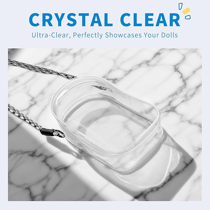 Protective Case for Labubu Plush Doll, Clear Bag Hanging Display with Keychain, Toy Storage Box carrier, PVC Transparent Figure Cover, Carrying Pouch Accessories(Doll Not Include) (Large 7.4")