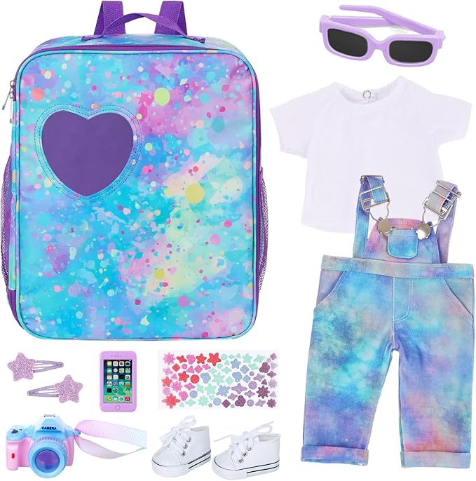 18 Inch Doll Carrier Backpack - Blue and Purple Tie-Dye Style Travel Set with Accessories