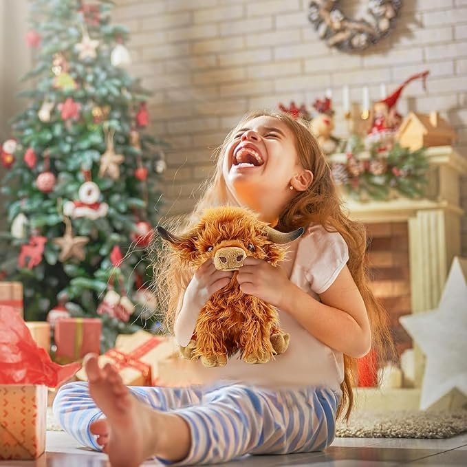 Highland Cow Stuffed Animal,10.5 inches Realistic Cow Plush Toy,Animal Cattle Plush Farm Toy,Farm Plushie Christmas Birthday Present for Boys Girls Kids Grandchildren (Brown)