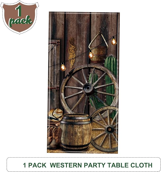 Tiamon 1 Pcs Western Party Tablecloth Western Cowboy Party Table Cover Cowboy Theme Plastic Tablecloth Wild West Wooden House Table Cover for Birthday Supplies