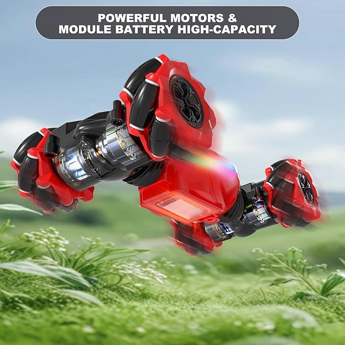 Gesture RC Car Red,1:24 High Speed 4WD Transform Stunt Car with Gesture & Remote Control, 360° Rotation Drift Vehicle with LED Lights Music, Racing Toy Cars Gift for Boys Girls Age 6-12