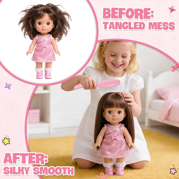 3 Pieces Doll Wig Brush Set with Wide-Tooth Comb, Steel Needle Brush and Nylon Brush, Styling Accessories for 18 Inch Dolls (Light Pink)