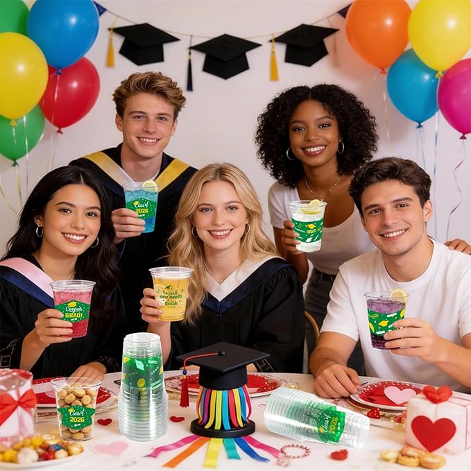 GuassLee Green and Gold Graduation Decorations Class of 2026, 50 Pack 12 oz Graduation Plastic Disposable Cups for Drinks 2026 School Grad Party Favors Supplies