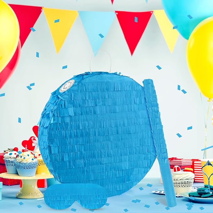 Blue Round Pinata with Stick Blindfold Confetti DIY Blank Pinata for Boys Kids Birthday Party Supplies Carnivals Halloween Christmas Decorations