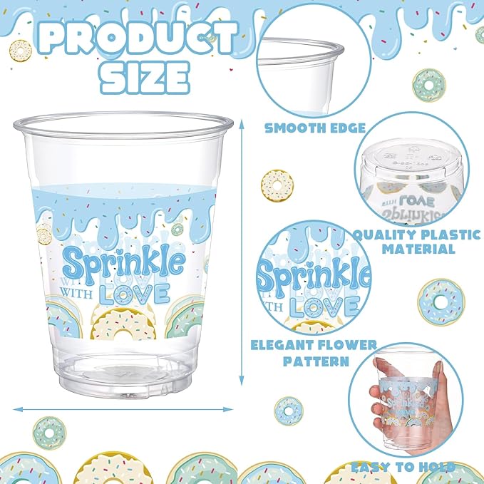 Qinyoung 50 Pcs 16 oz Donut Sprinkle Cups for Donut Baby Shower Decorations Baby Shower Cups Plastic Disposable Drinking Cups Donut Birthday Party Supplies