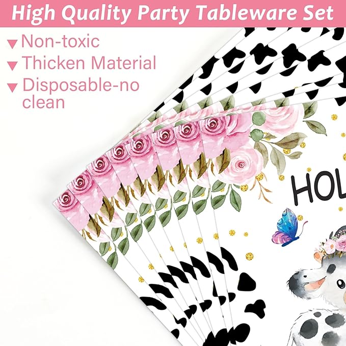 gisgfim 96Pcs Holy Cow I'm One Party Supplies Pink Cow Print Paper Plates Napkins Floral Cows First Birthday Party Tableware Set Dinnerware for Girl 1st Birthday Table Dinner Decoration Serve 24