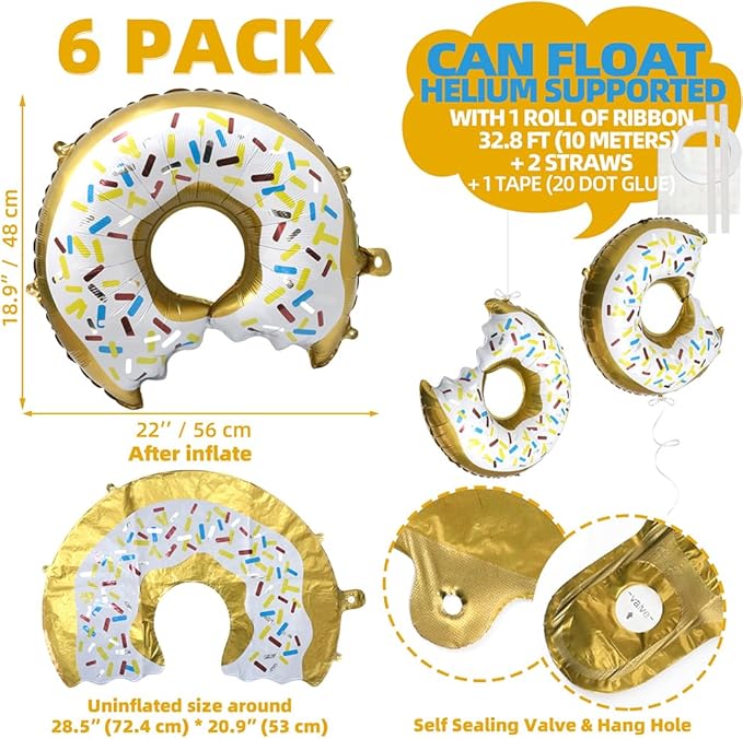 White Sprinkle Donut Balloon Dessert Food Cake Doughnut Theme Birthday Decoration, 6 Pack Sweet Candy Balloons Sweetmeat Donut Time Balloons For Grow Up Party Supplies Baby Shower Sweet Party Supplies