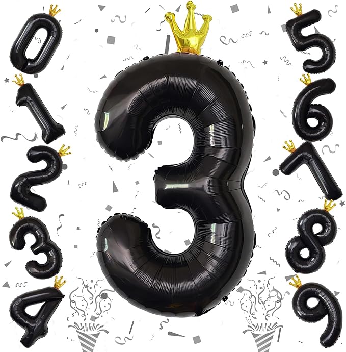 3rd Birthday Number Balloons for Girls, 40 Inch Black Foil Number Balloons, Large Crown Number Balloons 0-9 Set for Boys 30th Birthday Party Decor Anniversary Decoration Supplies
