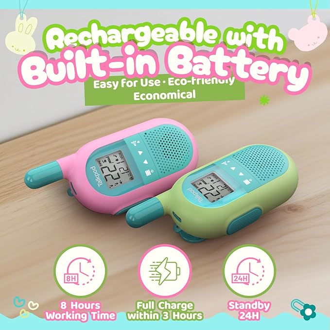 Talkpod Family Walkie Talkies for Kids 2Pack, Christmas Birthday Gifts for 3-12 Year Old Boy Girl Camping Hiking Toy with VOX LCD Backlight Screen 22CH FRS Two Way Radio(Pink+Green)