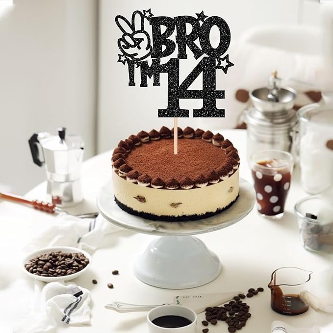 1 PCS Brother I'm 14 Cake Topper Glitter Star Happy 14th Birthday Cake Pick Bro I'm 14 Cake Decoration It's My 14th Birthday Decorations for Boys Cheers to 14 Years Old Birthday Party Supplies Black