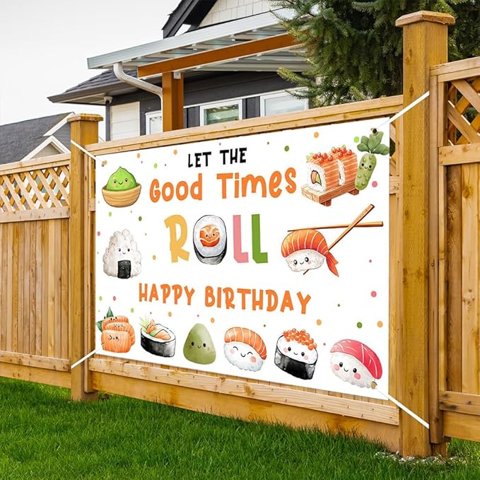 Lofaris Sushi Happy Birthday Banner for Kids – 70.8 x 43.3 Inch Kawaii Sushi Party Supplies, Japanese Themed Decorations for Kids’ Birthday Party, Asian Rice Roll & Sushi Go Party Décor