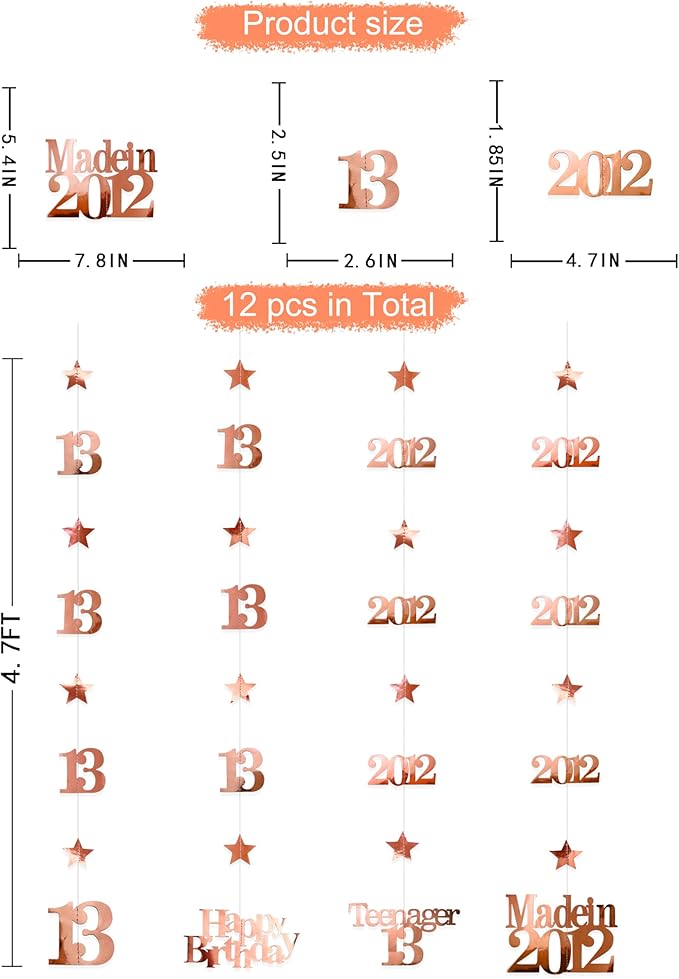 12PCS Rose Gold 13th Birthday Decorations Number 13 and 2012 Star Garland Streamer Banner Backdrop for Girls Cheers to 13 Years Birthday Vintage Made in 2012 Official Teenager Party Decor Supplies