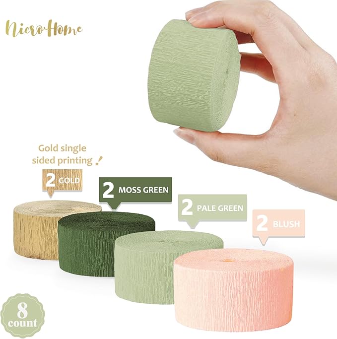 NICROHOME EUR Wedding Party Decorations, 8 Rolls Moss Sage Green Pink Crepe Paper Streamers for Boho Baby Shower, Wedding, Engagement Party, Spring Party, Birthday Party Supplies, 82 ft Long