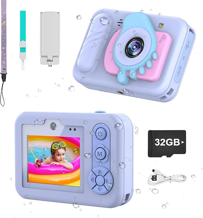 Kids Waterproof Digital Underwater Camera - 48MP HD 1080P Video, Dual Lens Selfie with Stand - Christmas Birthday Festival Gift for Ages Above 3 Girl Boy Child Toddler, Cartoon Cover, Blue