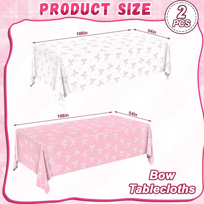 Bow Birthday Decorations, 2PCs Pink-bow Tablecloths Plastic Tablecloth Ideal Table Cover for Bow Themed Party Decorations Themed Parties Girls’ Parties Coquette Birthday Decoration, 54x108Inch