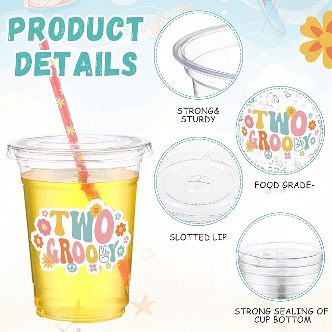 Yungyan 50 Sets Two Groovy Plastic Cups with Lids and Straws 16 oz Two Groovy Birthday Decorations Hippie Daisy Coffee Juice Drinking Cups for Flower Boho Birthday Baby Shower Party Supplies