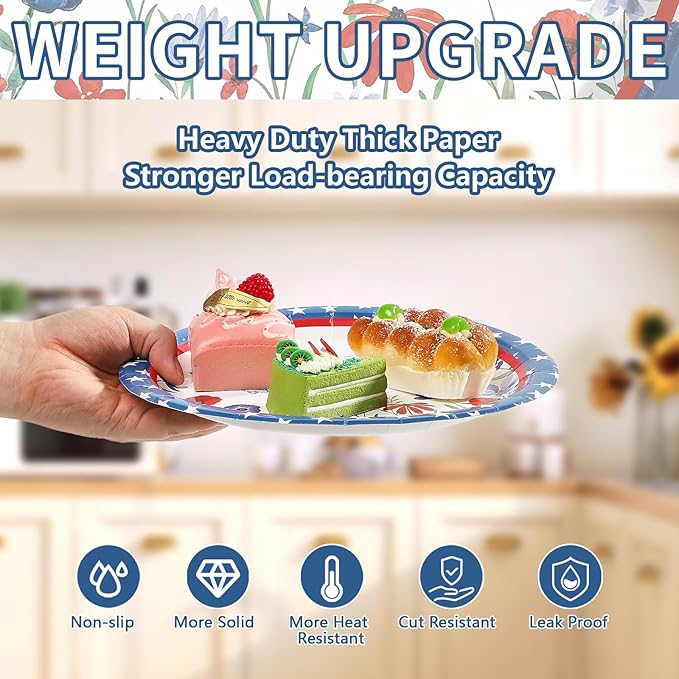 50Pcs Patriotic Paper Plates 10'' Large Heavy Duty Patriotic Veterans Day Platters Red White Blue Star Plates American Flag Theme Decor for USA 4th of July Memorial Day Birthday Party Decorations