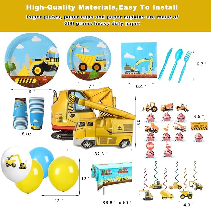 Construction Birthday Party Supplies Set For Boys - 24 Guests – Dump Truck And Tractor Party Decorations, Paper Plates Cups Napkins Straws Balloons Cutlery Toppers Banners Tablecloth