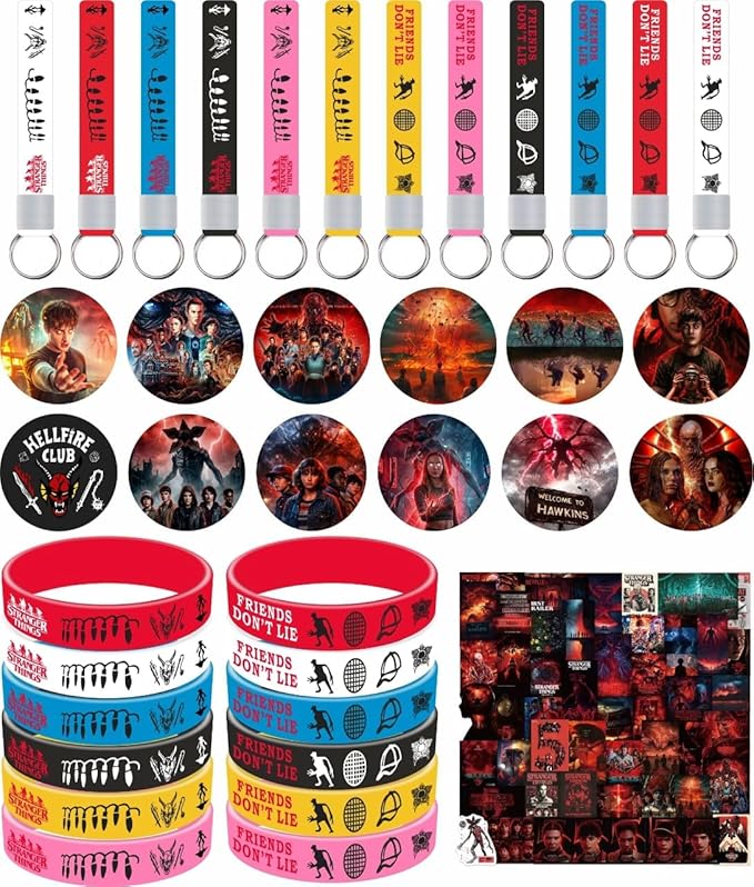 Stranger Birthday Party Supplies, 86pcs Birthday Party Decorations Set Included 12 Bracelets, 12 Acrylic Pins, 12 Keychains, 50 Stickers, for Boys and Girls Cartoon Theme Party