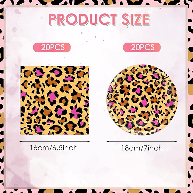 40 PCS Pink Cheetah Print Birthday Decorations Disposable Safari Animal Leopard Theme Tableware Set includes Cheetah Plates and Napkins for Leopard Wild Theme Party Supplies Serves 20 Guests