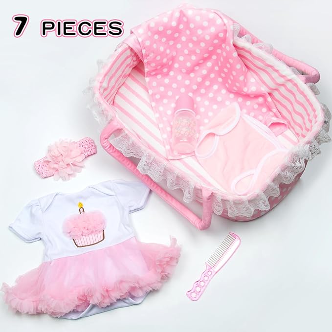 PEDOLLTREE Reborn Baby Dolls Clothes Girl Outfit Accessories Pink Tutu 7 Pcs Set for 17-22 Inch Reborn Doll Newborn Girl with Pink Dot Bassinet