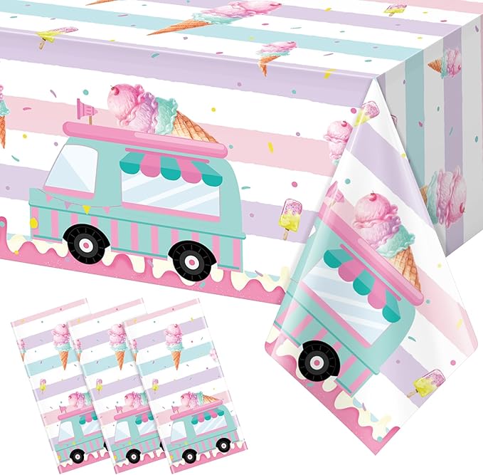 3 Pack Ice Cream Truck Tablecloth Party Decorations, Ice Cream Birthday Plastic Table Cloth Party Supplies, Disposable Rectangle Table Cover for Kids Sweet One Birthday Baby Shower, 54 x 108 Inch
