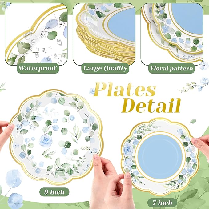 60 Pcs Eucalyptus Paper Plates 9 in and 7 in Blue Dessert Party Plates with Gold Rim Disposable Floral Shape Tableware for Wedding Birthday Party Baby Shower Bridal Shower