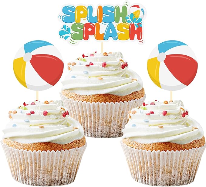 24 Pack Splish Splash Beach Ball Cupcake Toppers, Summer Pool Party Decorations Picks for Pool Theme Wedding Baby Shower Birthday Party Supplies (Splish Splash)